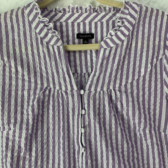 Talbots Charming Stripe Seersucker Popover Top in Deep Lavender Metallic Sz L - Picture 4 of 13